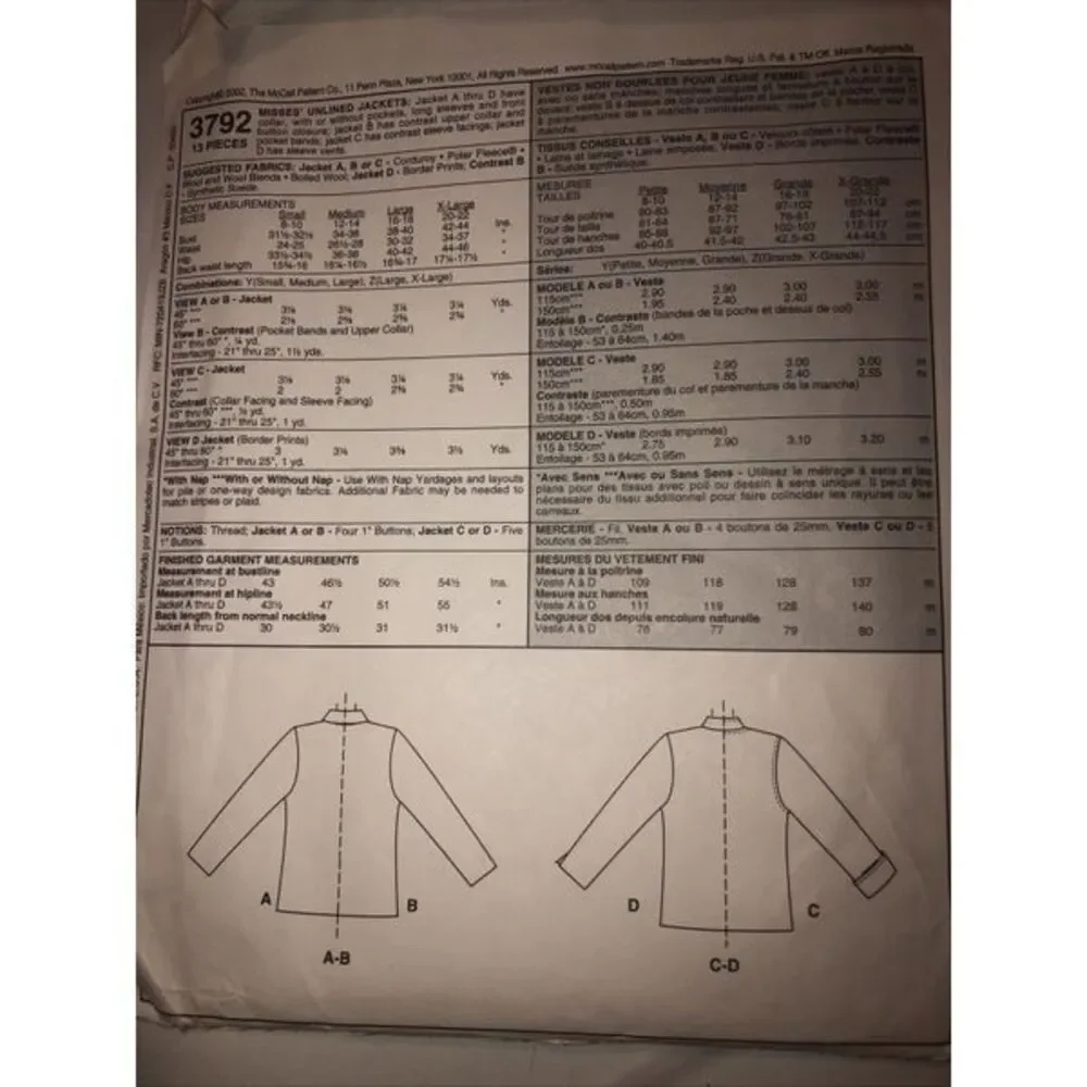 McCall’s 3792 Misses Unlined Jackets Size S,M,L Uncut